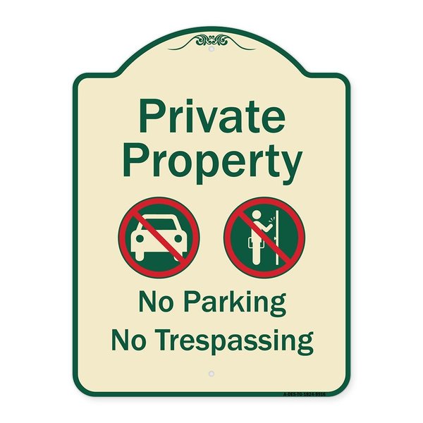 Signmission Designer Series-Private Property No Parking Or Trespassing With Symbols, 24" x 18", TG-1824-9916 A-DES-TG-1824-9916